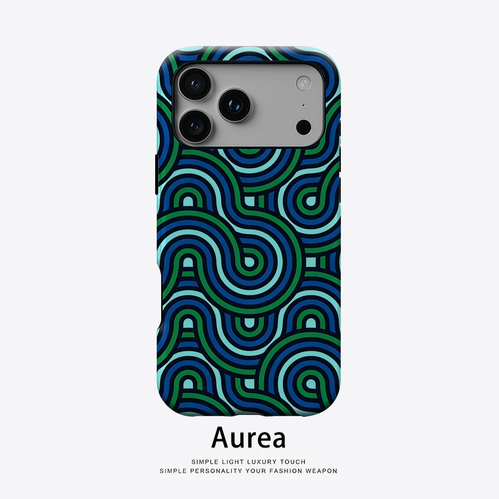 Aurea Case Matte Bumper für MagSafe Hülle für iPhone 18 17 16 15 14 Plus 13 Pro Max Stoßfeste Harte PC Hülle Grün Blau Wellen Geometrisch