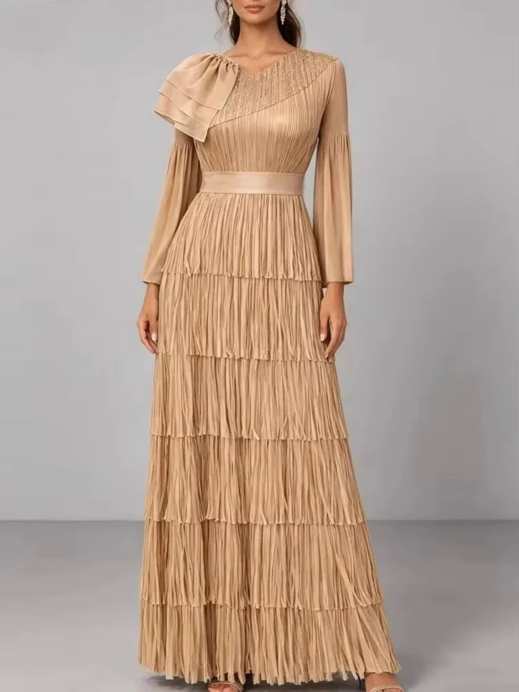 ANLAN Elegant Pleatd Women's Dress V-Neck Flare Sleeve Multi-layered Tassels Lace-Up Long Dresses 2026 Summer New Tide 3AN5517