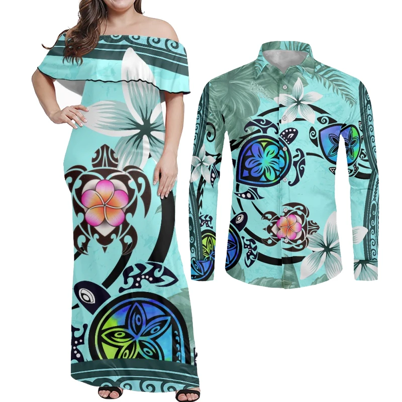 HYCOOL Polynesian Island Matching Valentine Outfits For Couples Hibiscus Print Sexy Bodycon Teal Off Shoulder Dresses For Women