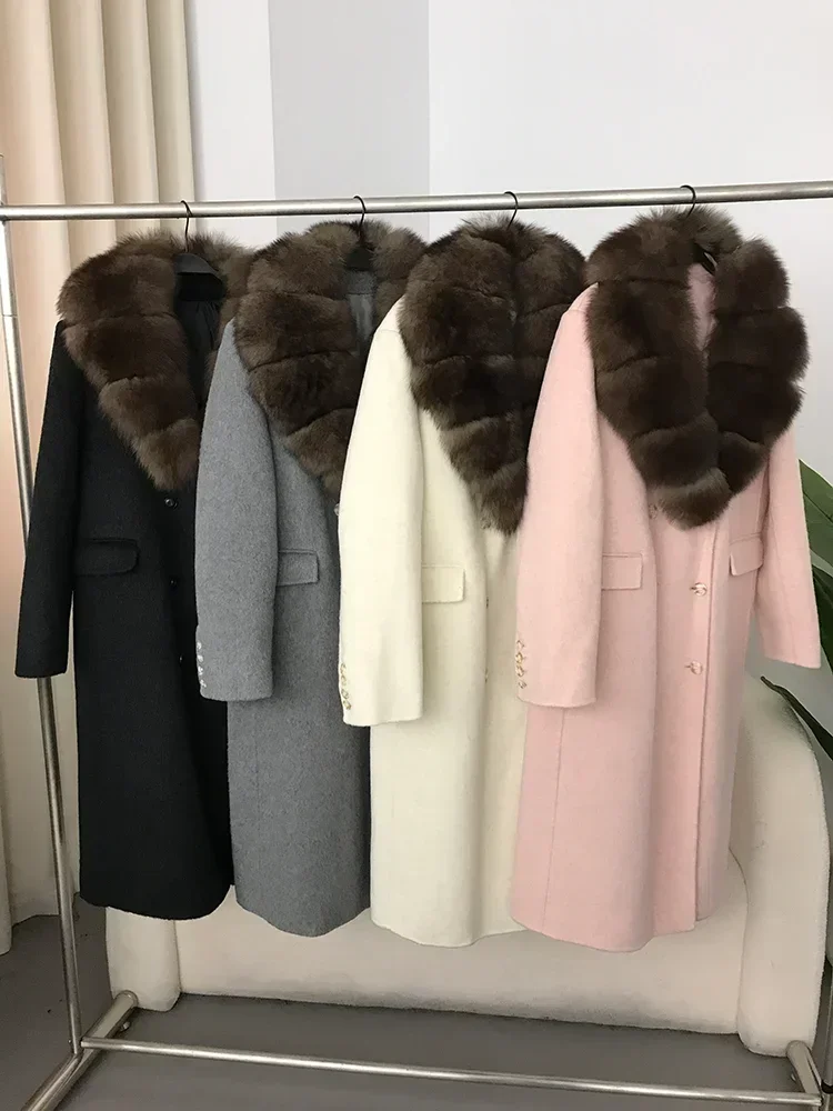 OFTBUY 2024 real fur coat spring winter jacket women natural fox fur collar hooded pocket x-long loose outerwear sweater knit