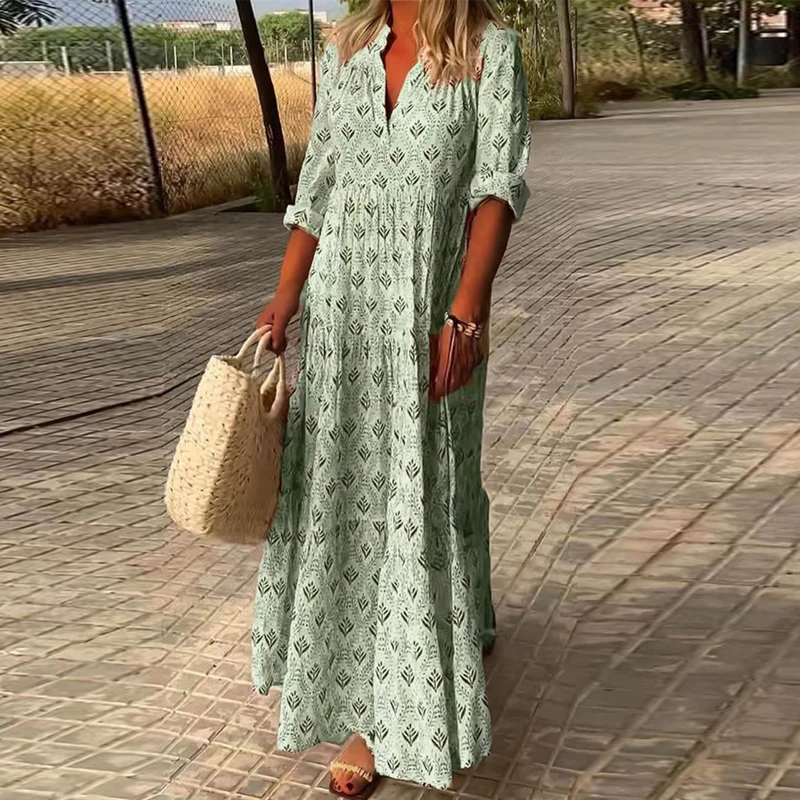 Vintage Female Stand Collar Shirt Beach Dress Casual Loose Long Sleeve Boho Maxi Dress Summer Fashion Print Women Party Dresses