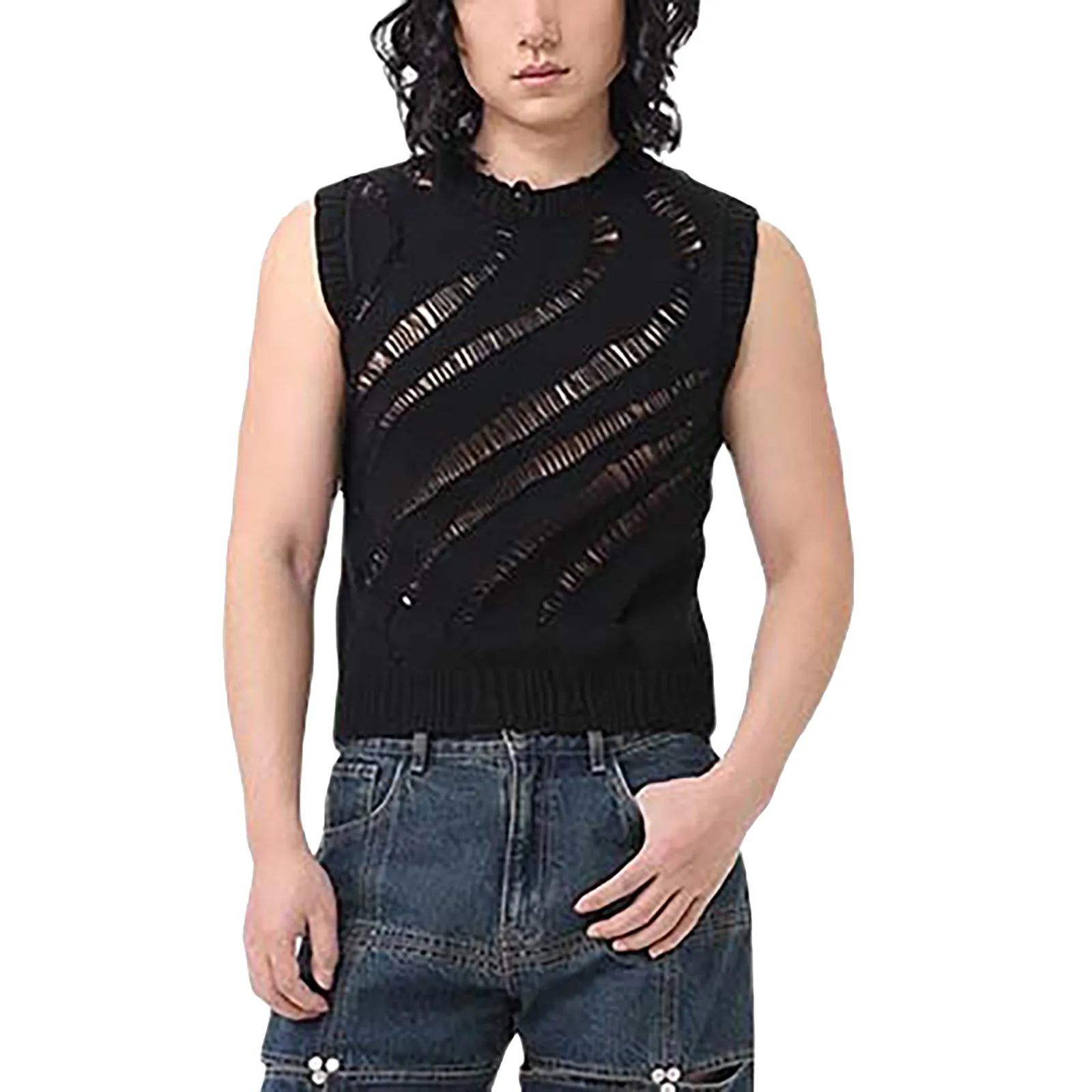 تي شيرت الخامس الرقبة الرجال رقيقة نوع سترة صافي سترة الرجال سترة فضفاضة الأبيض رقيقة نمط الجوف خارج العين قمصان رجالي كم طويل عادية #2