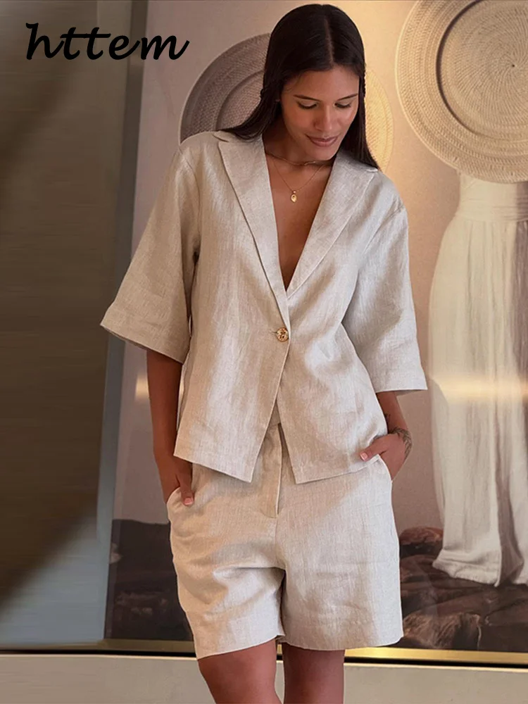 

Casual Cotton Linen Shorts Sets Women Loose Lapel One Button Shirts Pocket Wide Leg Short Pants 2025 Summer Lady Holiday Outfits