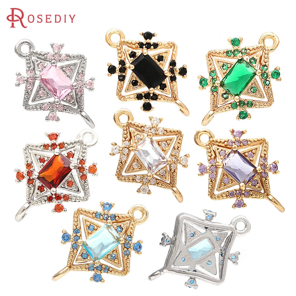 

6PCS 18K Gold Color Brass Zircon 2 Holes Rhombus Connect Charms Pendants Necklace Earrings High Quality Jewelry Diy Accessories