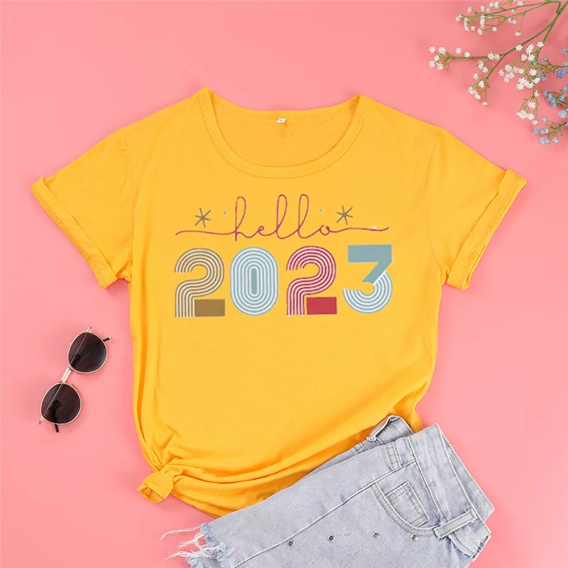 Hello 2023, Happy New Year Shirt Cute Newyears Cute Party Outfit New Year Eve Count down Party Gift for Ladies Womens 100%Cotton