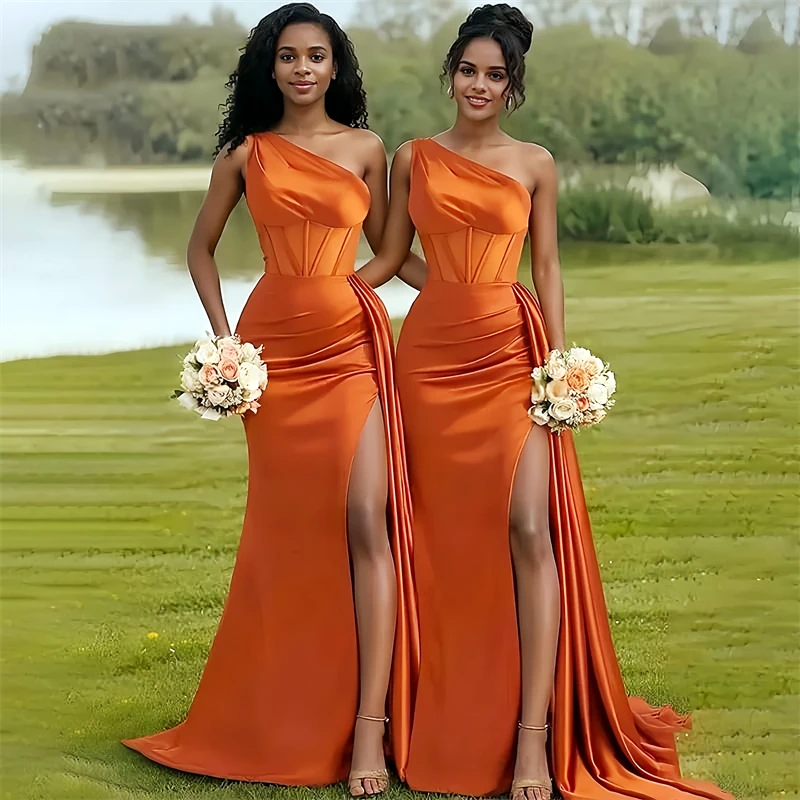

High Slit Mermaid Bridesmaid Dress For Party One Shoulder Orange Long Evening Prom Dress Elegant Wedding Guest Attire Customized