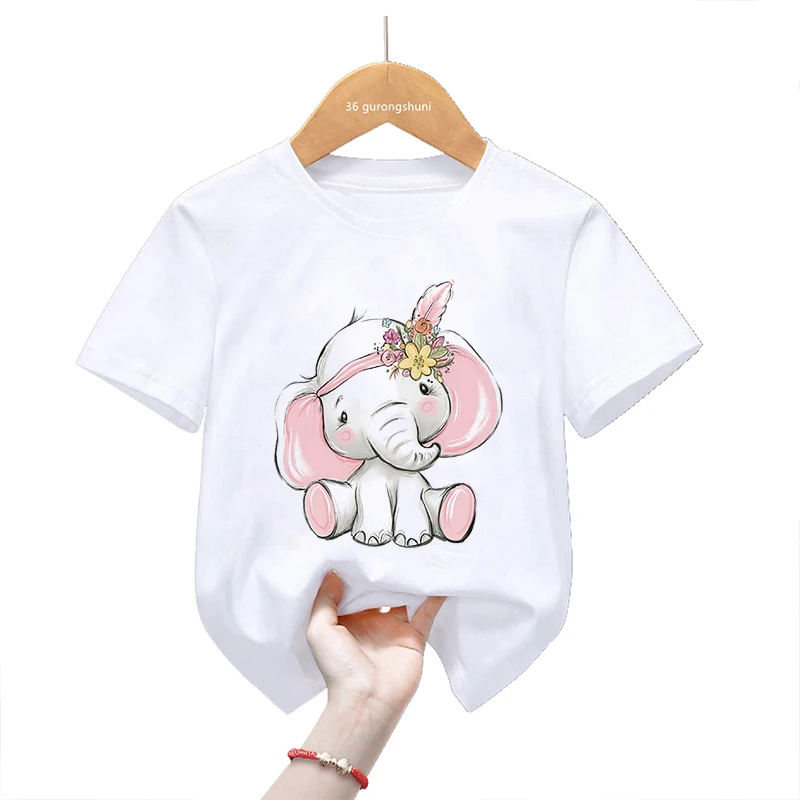 Cute Elephant Animal Print Tshirt Girls/Boys Kawaii Kids Clothes Panda/Monkey/Giraffe/Llama/Koala T Shirt Summer T-Shirt Female