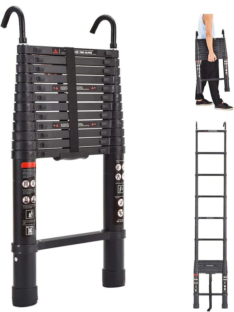 6.2 m / 20.3ft Step Ladder Aluminum Telescoping Ladde with Detachable Roof Hooks,330lbs Load Capacity,15 Steps Adjustable Height