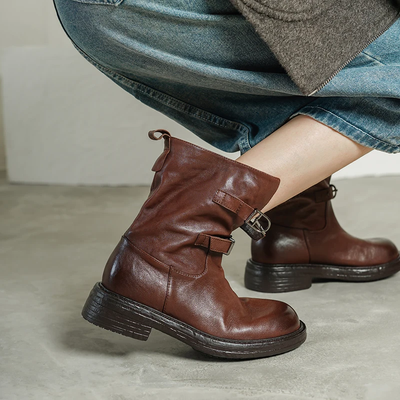 NEW TREND 2027 Autumn Winter Women Genuine Leather Motorcycle Ankle Boots Black Brown Ladies Round Toe Buckle Block Heels Shoes