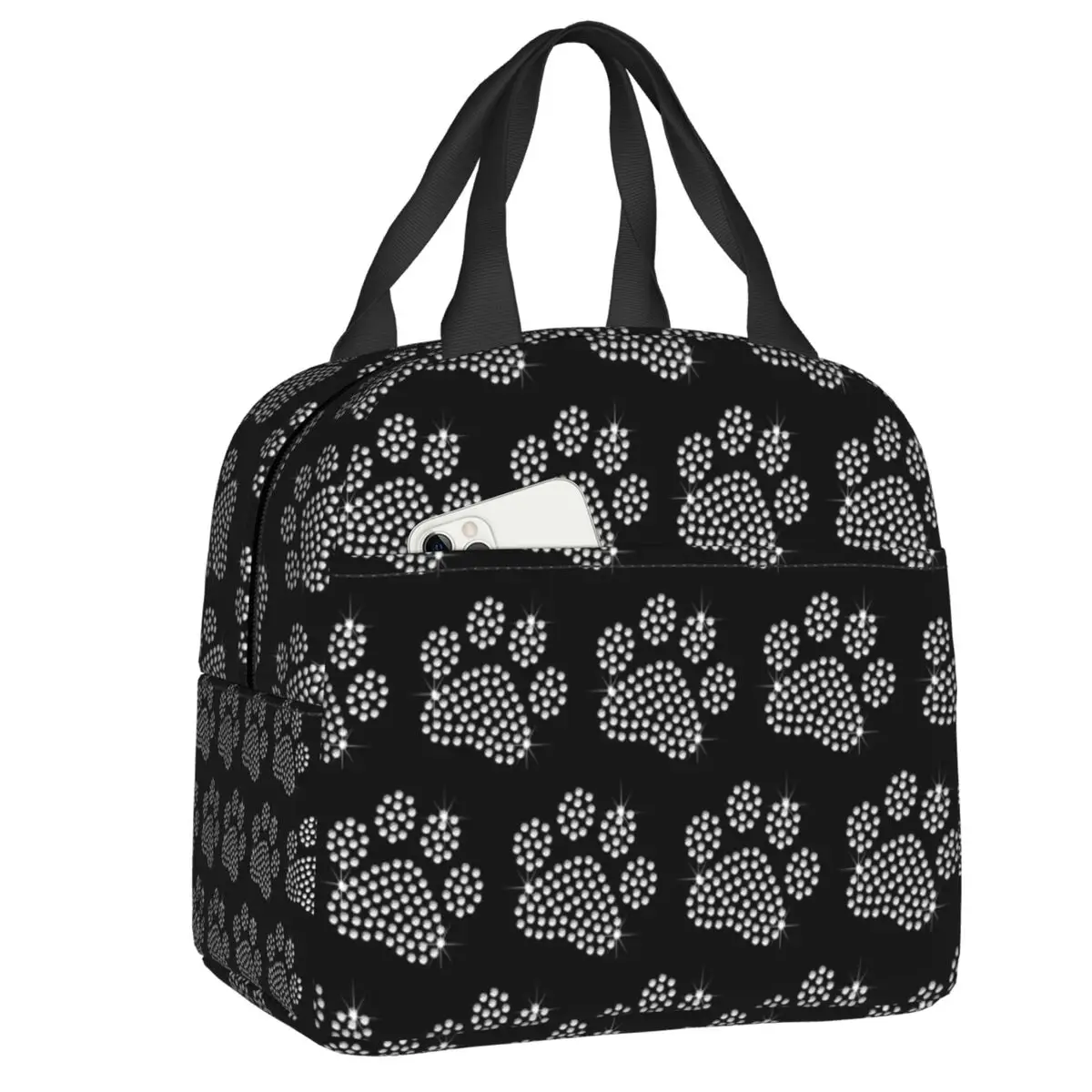 Custom Sparkle Rhinestone Dog Paw Insulated Lunch Bags for Women Portable Thermal Cooler Food Lunch Box Outdoor Camping Travel