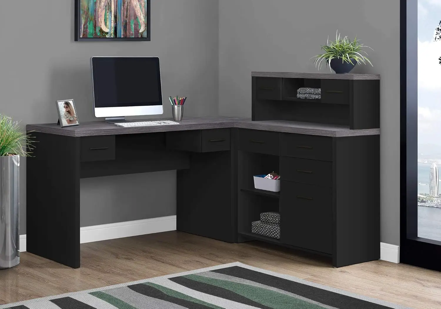 Scrivania per Computer a forma di L-Set- Up-destra-scrivania ad angolo con Hutch 60 "" L (nero-grigio Top)