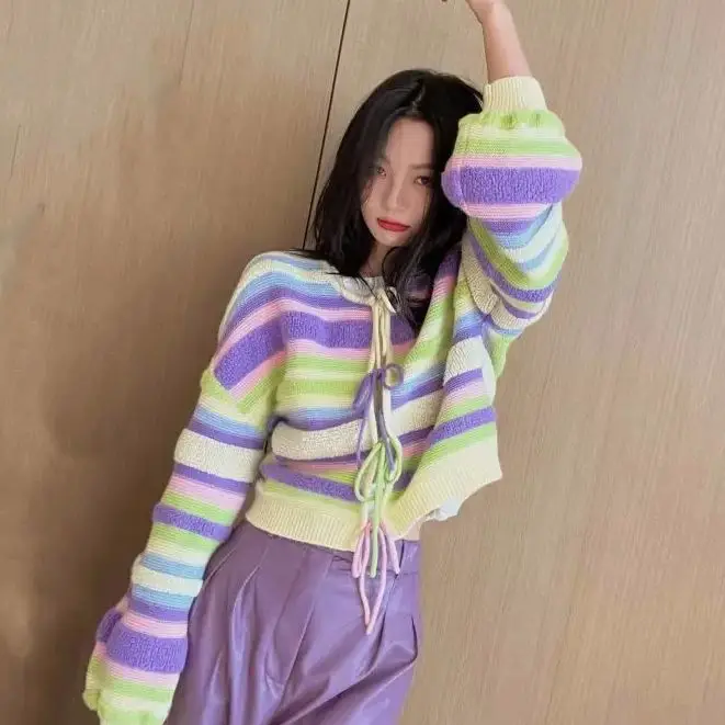 

Striped Cardigan Sweater In Autumn Winter Female Korean Version Of Contrast Color Long-Sleeved Sweater Jacket Fashionbeautiful