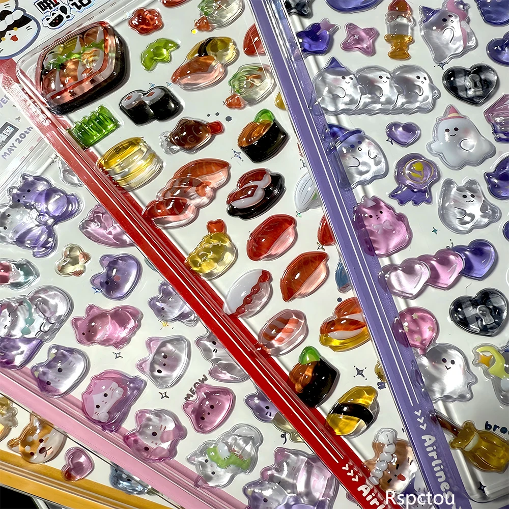 

4pcs 3D Cartoon Animal Cat Dog Crystal Relief Stickers Cute Sushi Food Sticker DIY Scrapbook Luggage Phone Case Decoration Decal