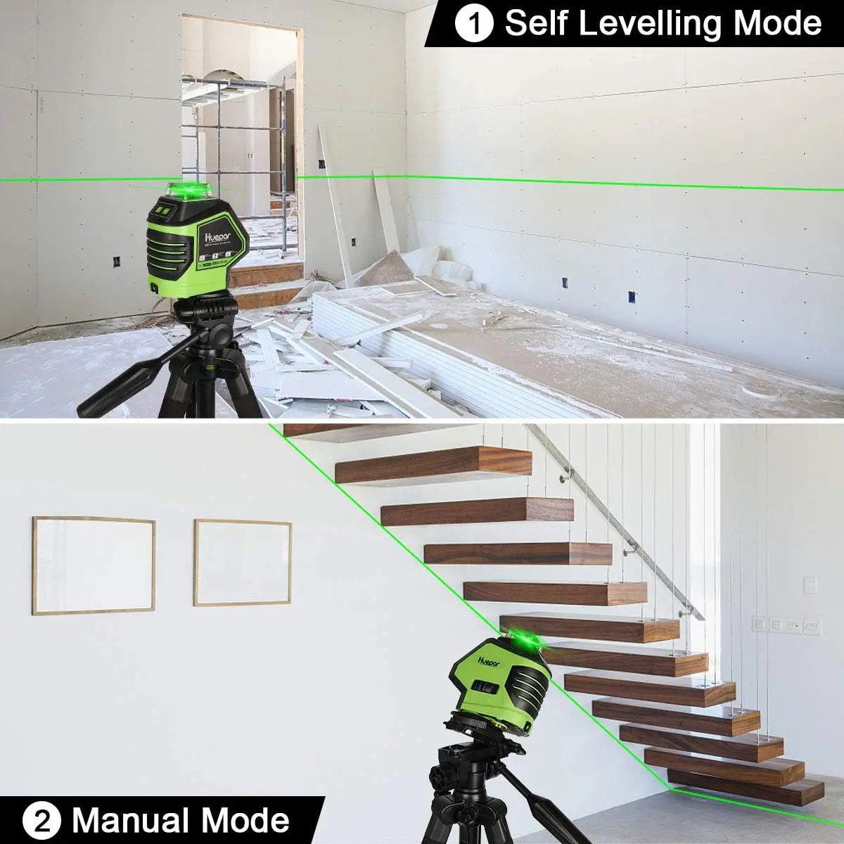 Huepar Self-Leveling Green Beam Laser Level Cross Line with 2 Plumb Dots 360° Horizontal Line Plus Large Fan Angle of Vertical