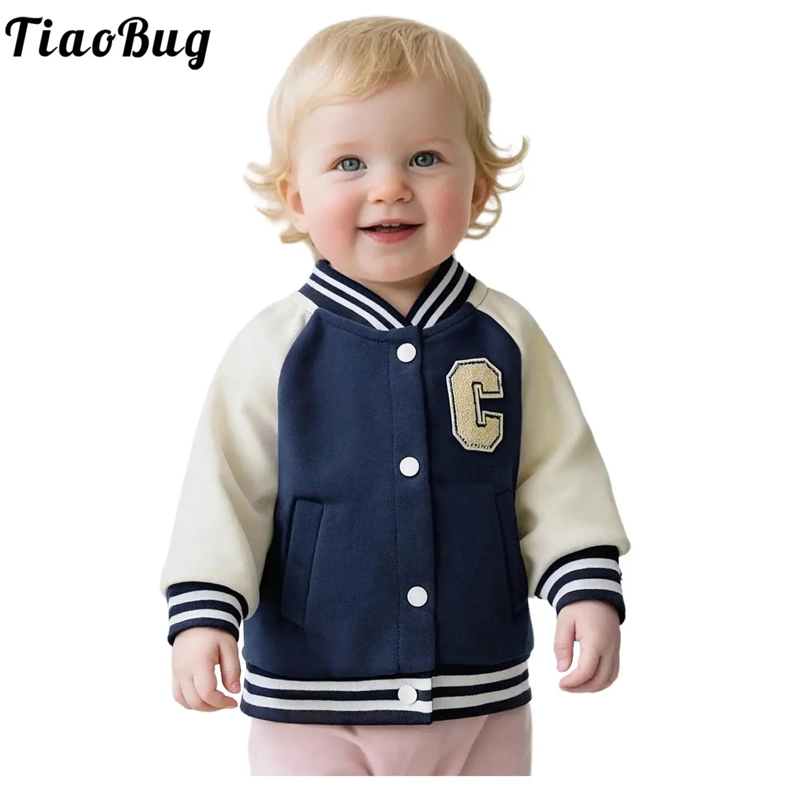 Toddler Baby Baseball Jacket Varsity Casual Long Sleeve Bomber Coat Outerwear with Pockets Children School Sports Street Wear
