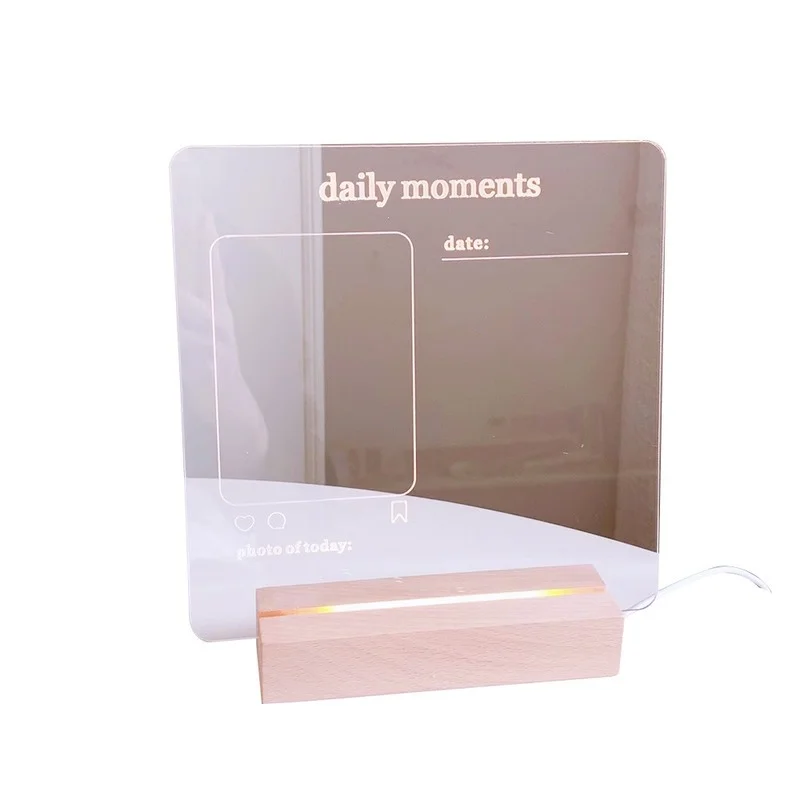 New Arrival USB Acrylic Daily Moments Photo Memo Message Board with Wood Stand Holder Set Lamp Creative School Stationery