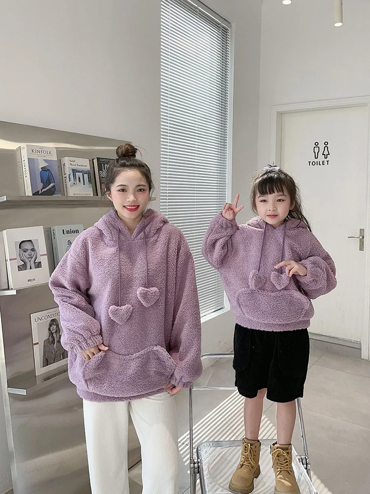 Korean parent-child new winter coat wool thickened small ears hooded sweater mother-daughter cashmere coat