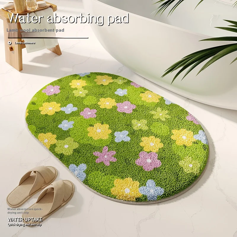 

VIKAMA Summer Green Faux Cashmere Carpet, Water-Absorbing And Anti-Slip Bathroom Floor Mat, Home Decoration Bedroom Floor Mat