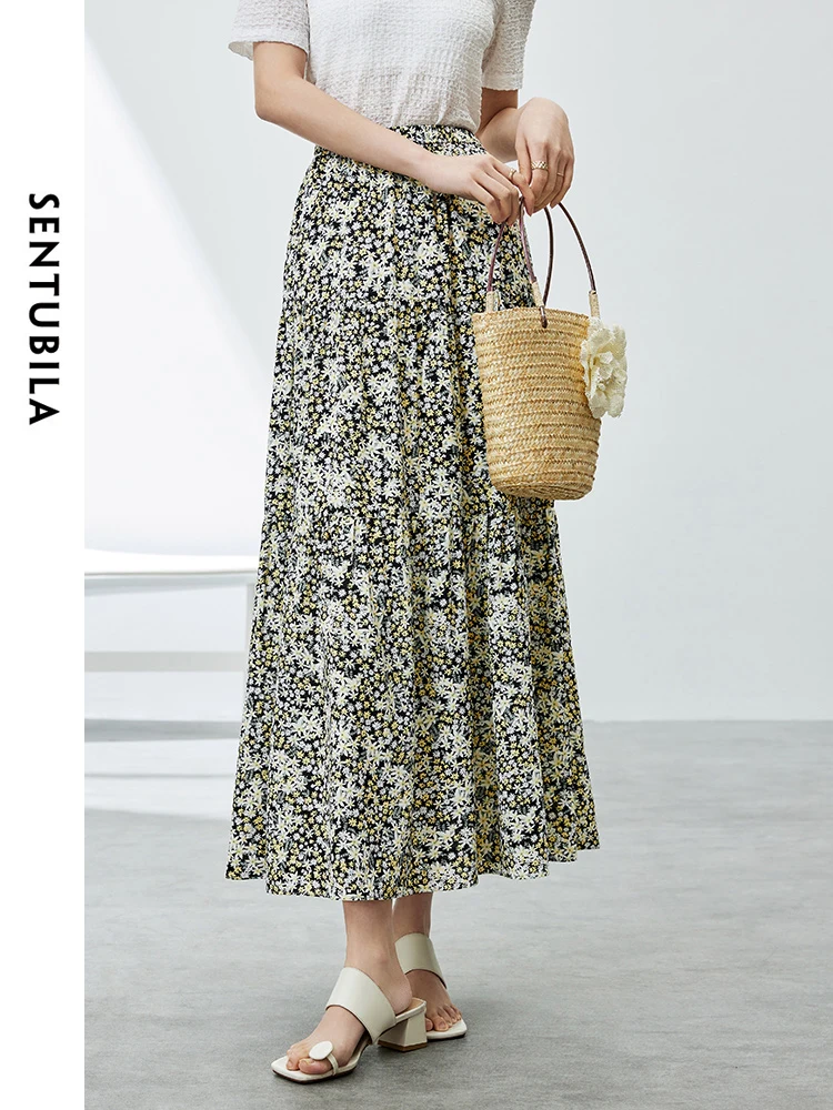 SENTUBILA Women Floral Maxi Skirt 2024 Summer Holiday Vacation Printed Elastic Waist Loose Long Skirts Womans Clothing 142Q55004