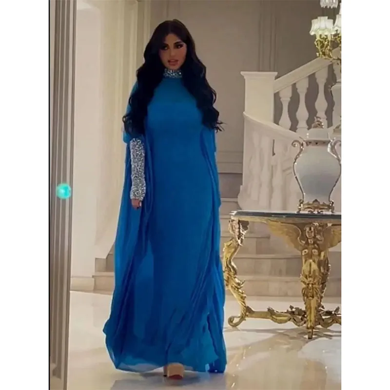 

Stunning Blue Muslim Evening Dresses Sequin Cuff Long Sleeve Arabic Dubai Formal Dress Women Chiffon Caftan Vestidos De Novia