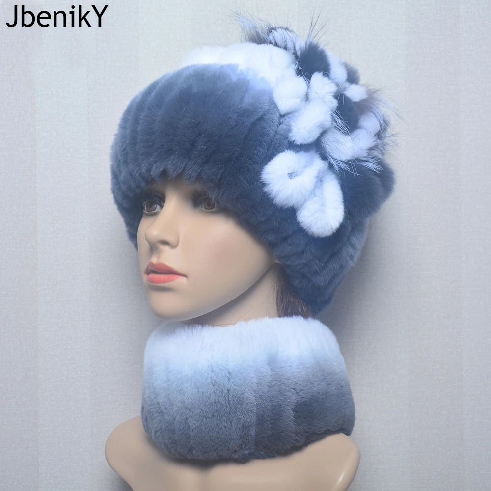 New Women Winter Luxury Real Rex Rabbit Fur Hat Scarf 2 Pieces Knitted Rex Rabbit Fur Hat With Silver Fox Fur Cap Scarves Sets