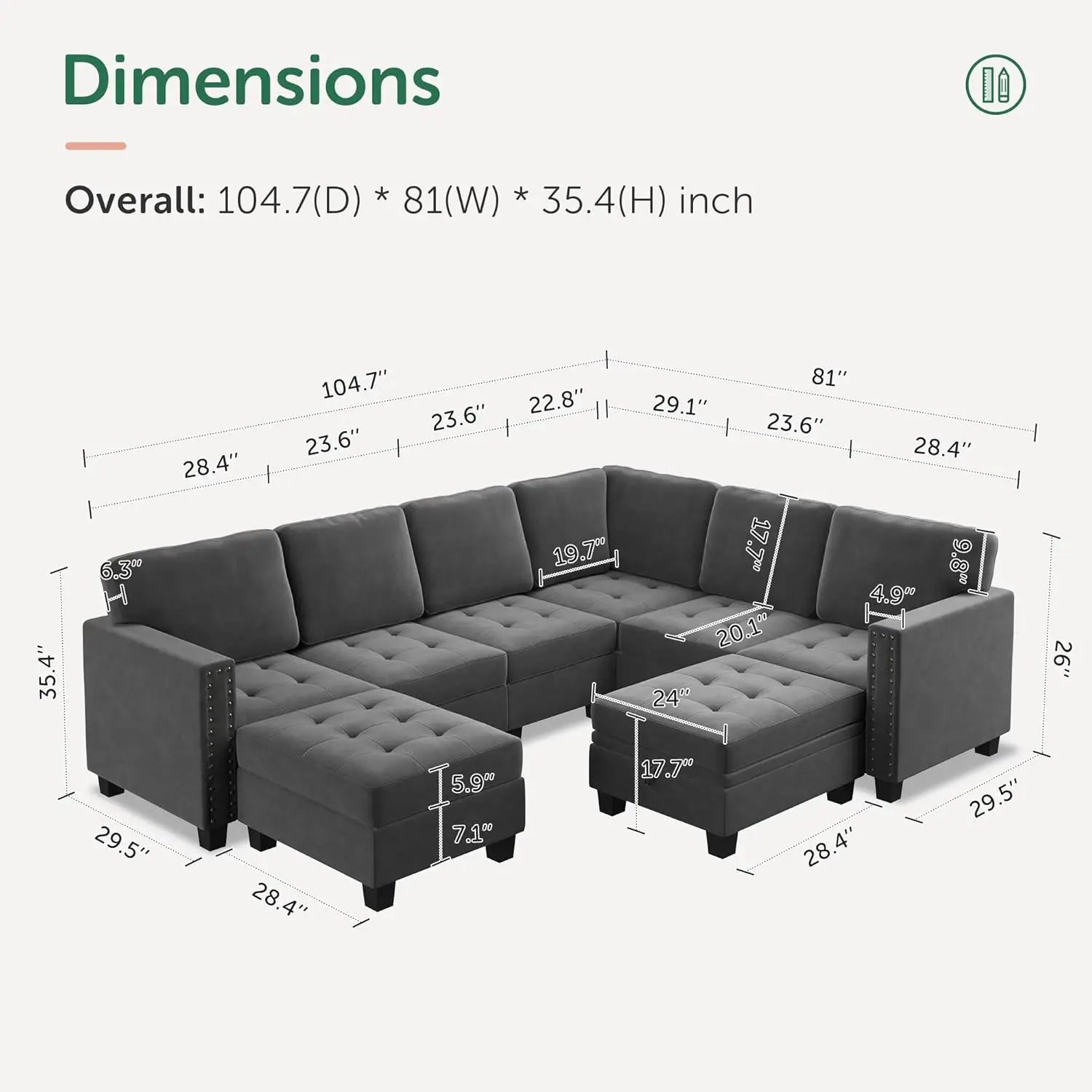 Velvet Modular Sectional Sofa L Shaped Sofa Couch with Storage Top Tray U Shape Sectional Couch for Living Room Grey