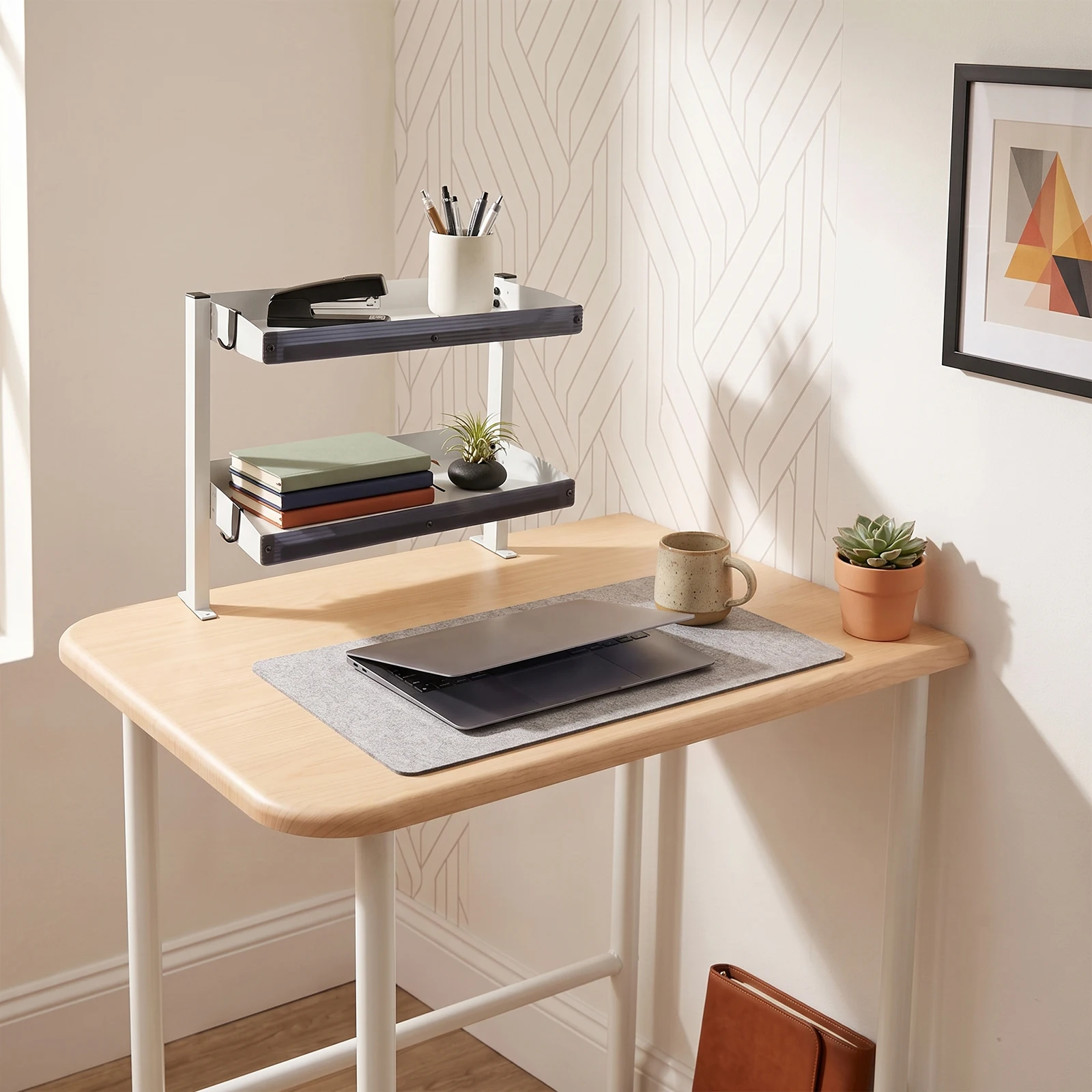 2-Tier Clamp-on Desk Shelf 17.3x15.4in, White, 22lbs per Tier, Carbon Steel & Plastic, Fits 1.7in Desk, for Office, Bedroom, Living Room, Laptop, Books, Gaming Gear, Supplies