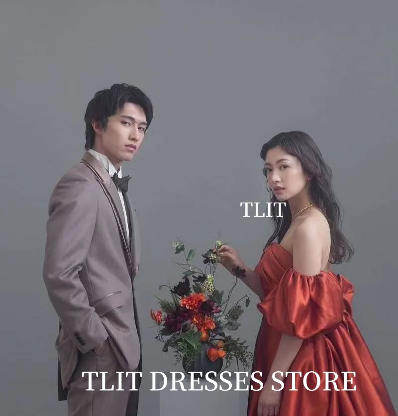 TLIT prosta czerwona satynowa suknia wieczorowa Korea suknia ślubna sesja zdjęciowa bez ramiączek bufiaste rękawy suknia wieczorowa dostosowana suknia do podłogi
