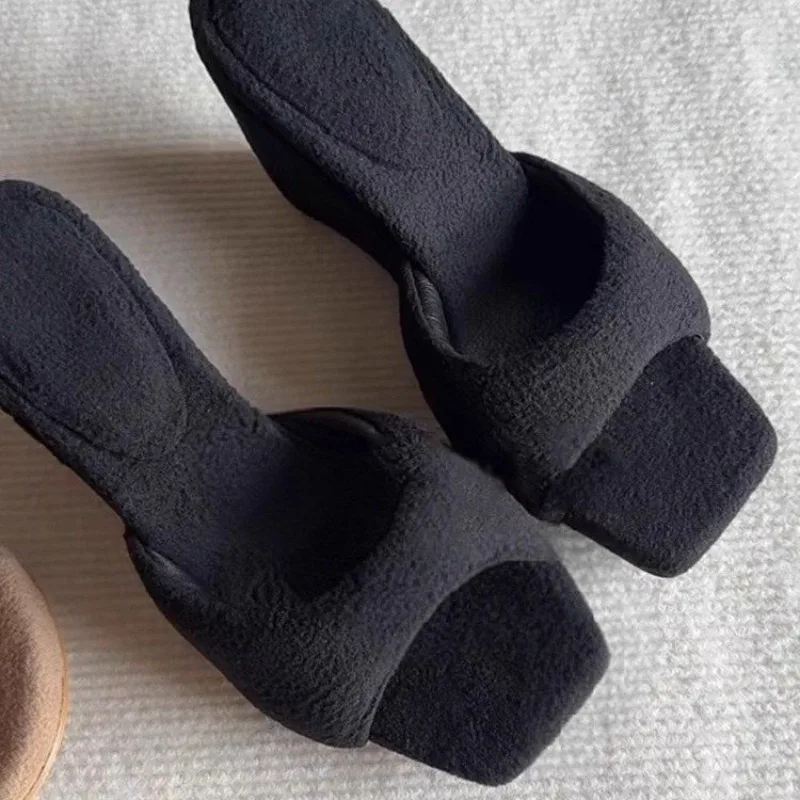 

High Heels Fur Women Shoes Autumn 2025 Shoes Woman Wedges Sexy Open Toe Outside Dress Slides Designer Brand Plush Sadnals Woman