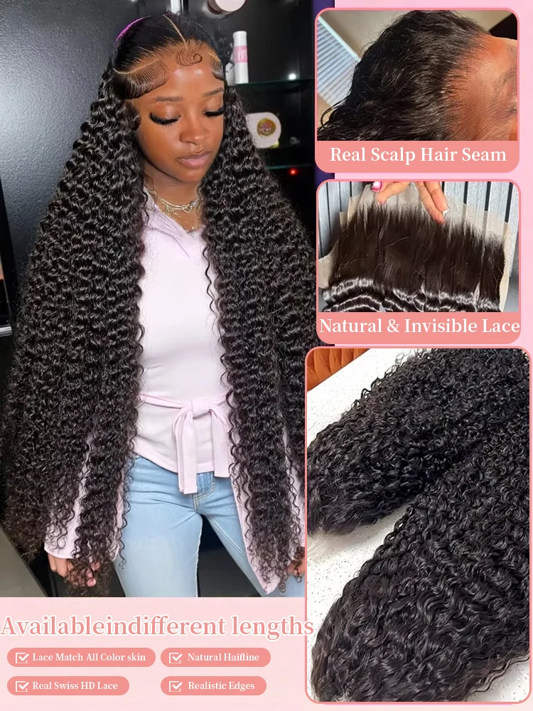 300% High Density Water Wave Human Hair Wigs HD Transparent 13x6 13x4 Deep Wave Lace Frontal Wig Brazilian Real Virgin Hair 40 46 Inch Jerry Curly Lace Front Human Hair Wigs For Women Preplucked Hairl image 5