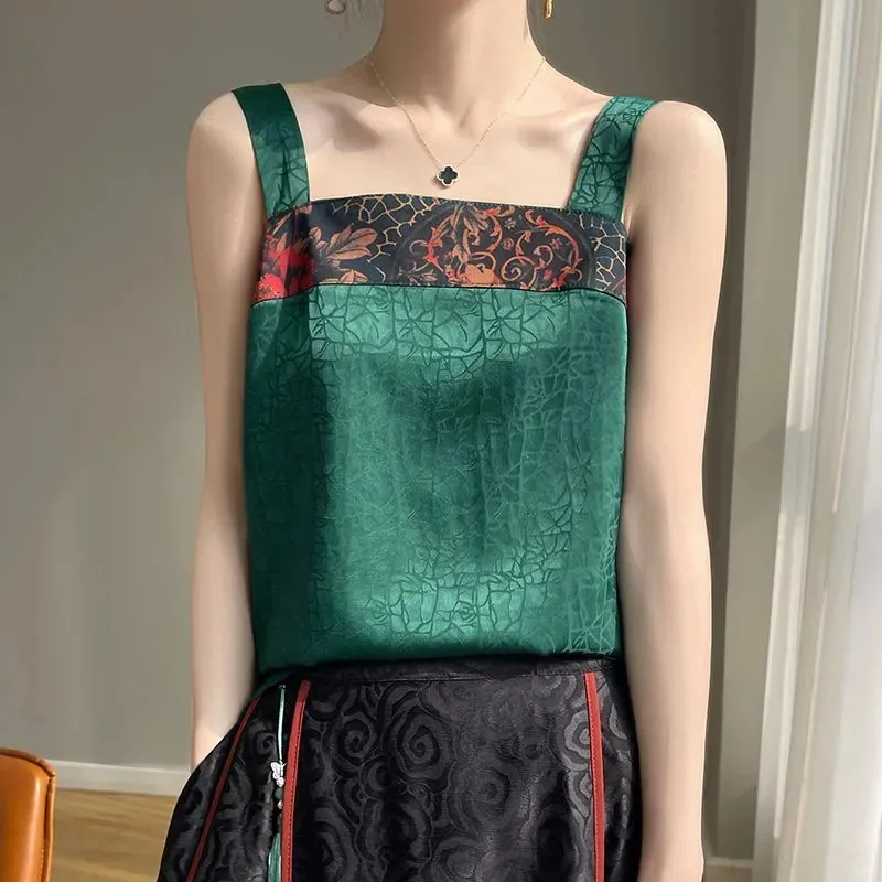 Women Chinese Style Satin Camisole Vintage Jacquard Square Neck Silk Like Sleeveless Top