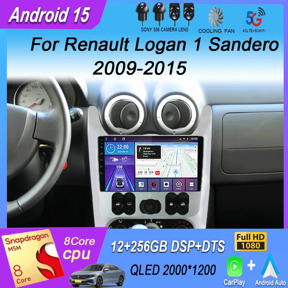 Android 15 Auto inalámbrico CarPlay Radio de coche para Renault Logan 1 Sandero 2009-2015 Dacia Duster reproductor Multimedia GPS estéreo 2din