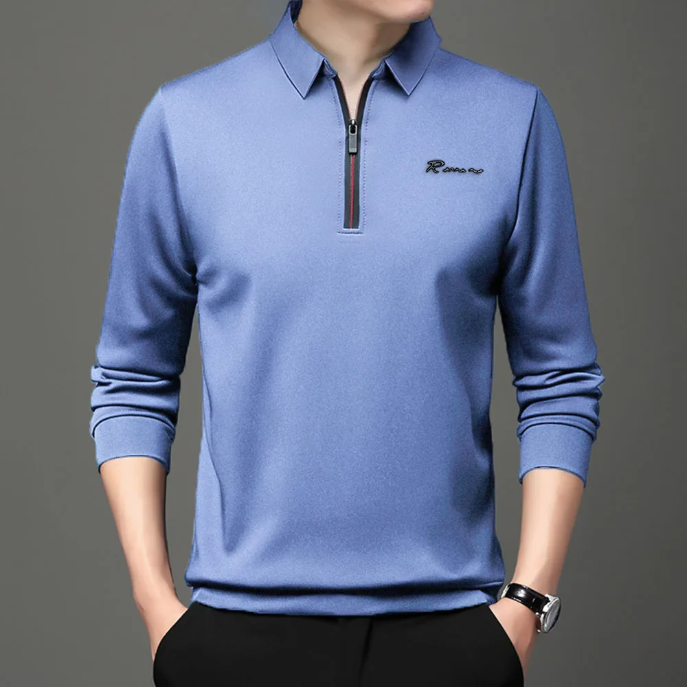 New Letter Print Solid Polo Shirt Lapel Long-sleeve Zipper Collar Fashion 2023 Autumn Thin Shirts Casual Loose Tops Men Clothing