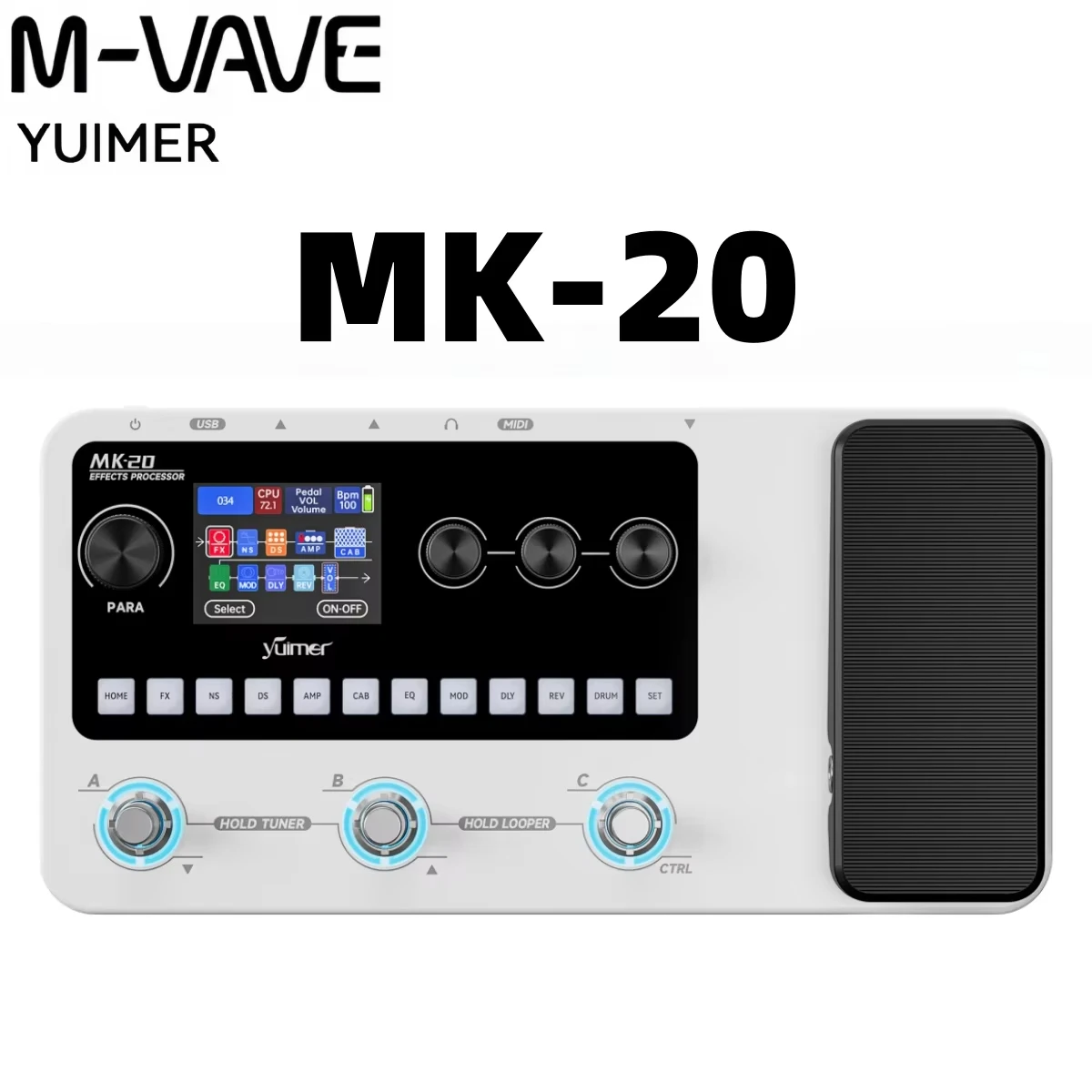 

M-VAVE MK-20 Белая портативная педаль эффектов для гитары и бас-гитары с Bluetooth, аудиоинтерфейсом, моделированием усилителя, лупером и тюнером