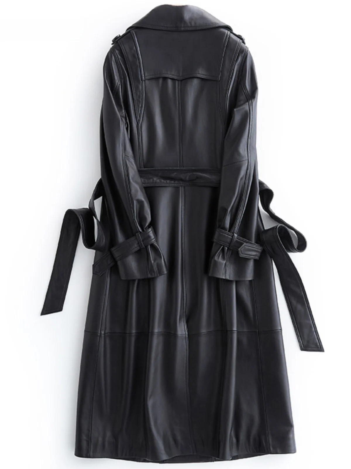 Nerazzurri Black PU Leather Jacket Women's Long Double-Breasted Belted Windbreaker Coat Commute Style Water-Leather Long Sleeve