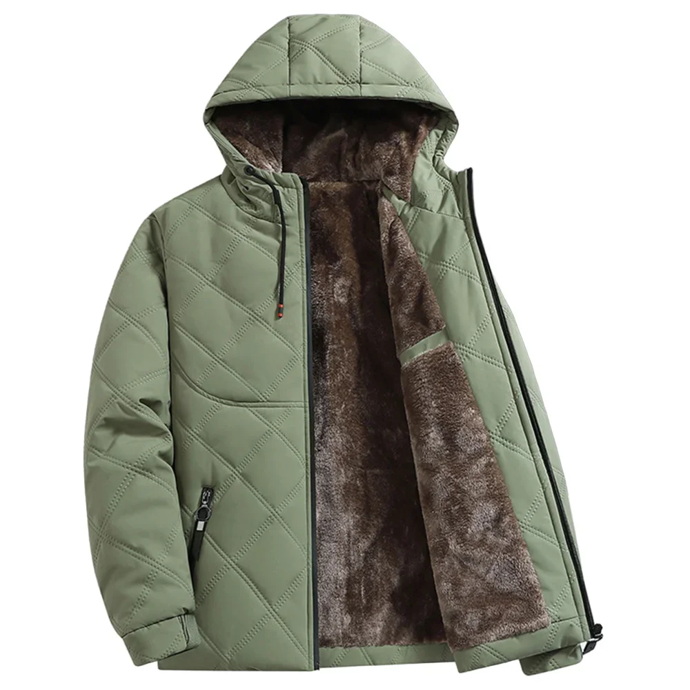Winter Windproof Thermal Diamond-Pattern Fleece-Lined Thickened Cotton Coat Business Casual Hooded Jacket Fashionable Menswear