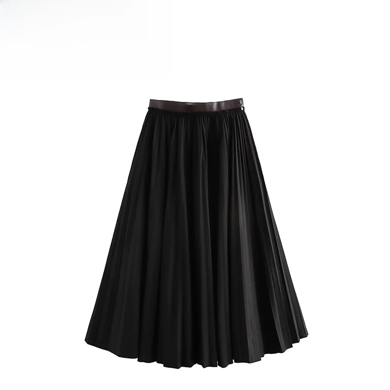 

ZBZA Autumn New Women's Faion Design Sense Waist Leather Splicing Bla Pleated Skirt A-Line Midi Skirt Polyester Fiber