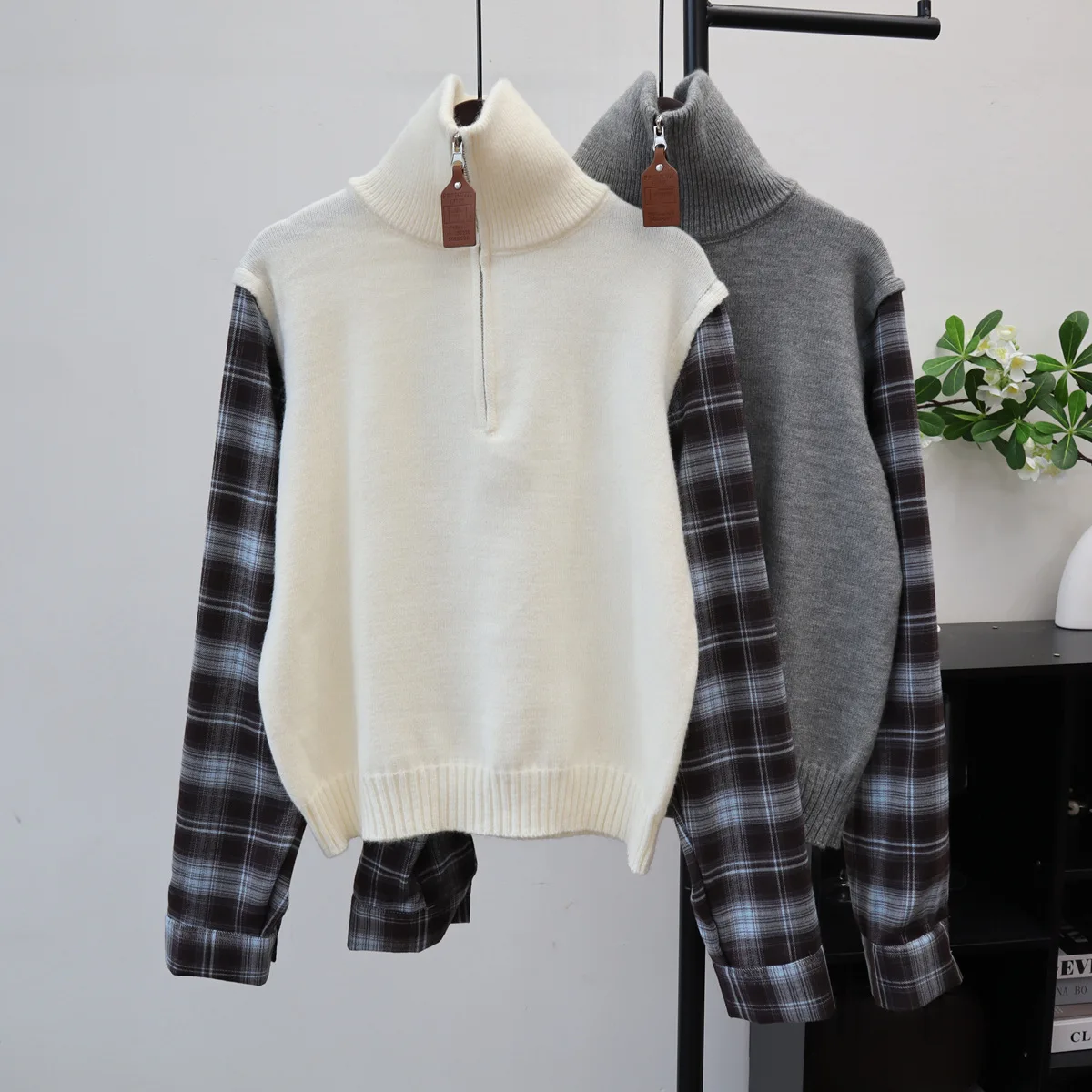 

Women Knitted Sweaters Spliced Plaid Pullovers Jumpers Patchwork Long Sleeves Half Zipper Loose Office Lady Casual 2025 Autumn