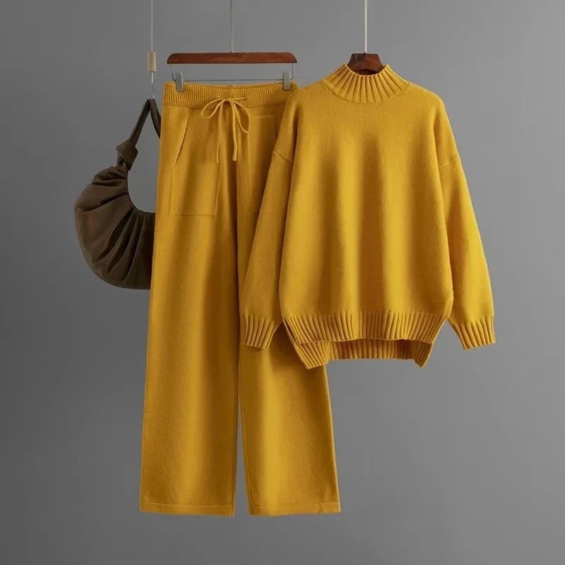 

New Winter Knit pants suit Women Thickened Loose turtleneck Long-sleeved Sweater Straight pants Fashion Two-piece Set for Women
