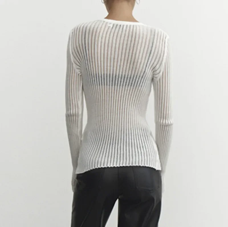 Spring/summer New Long-sleeved Crewneck Thin Breathable Knitted Wool Top for Women