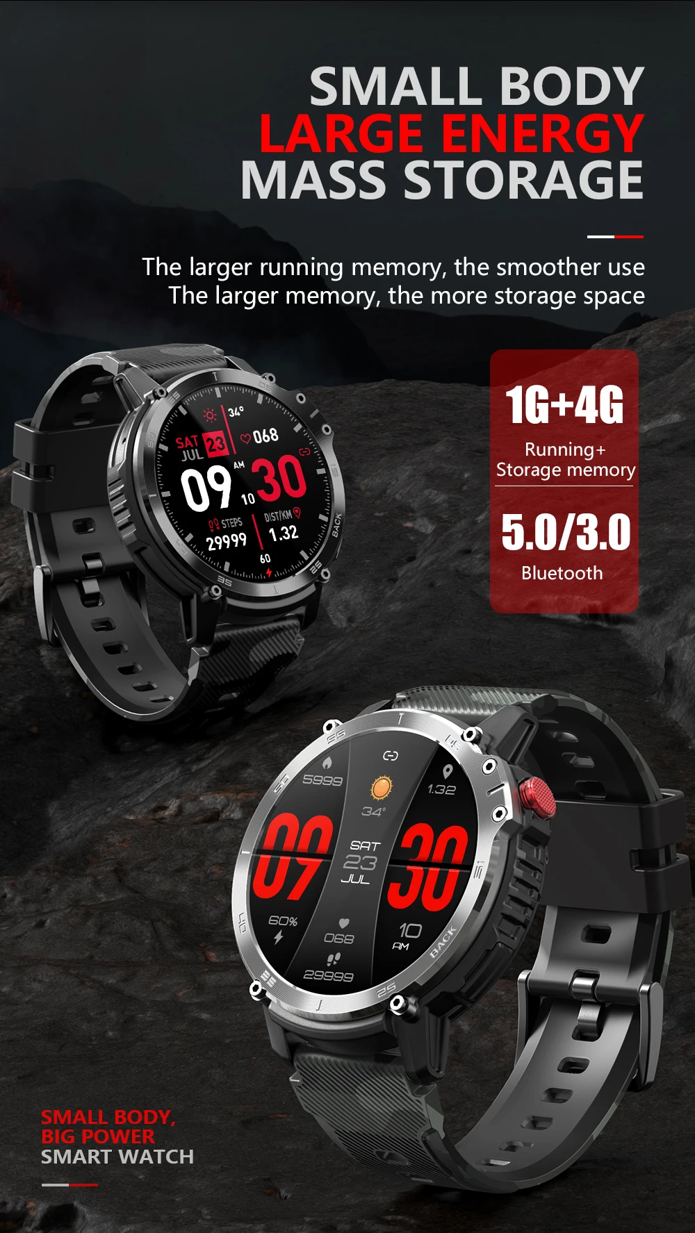 For C22 Round Smartwatch 400mAh IP68 Long Standby Time Outdoor Android montre relogio reloj inteligente New Smart Watches