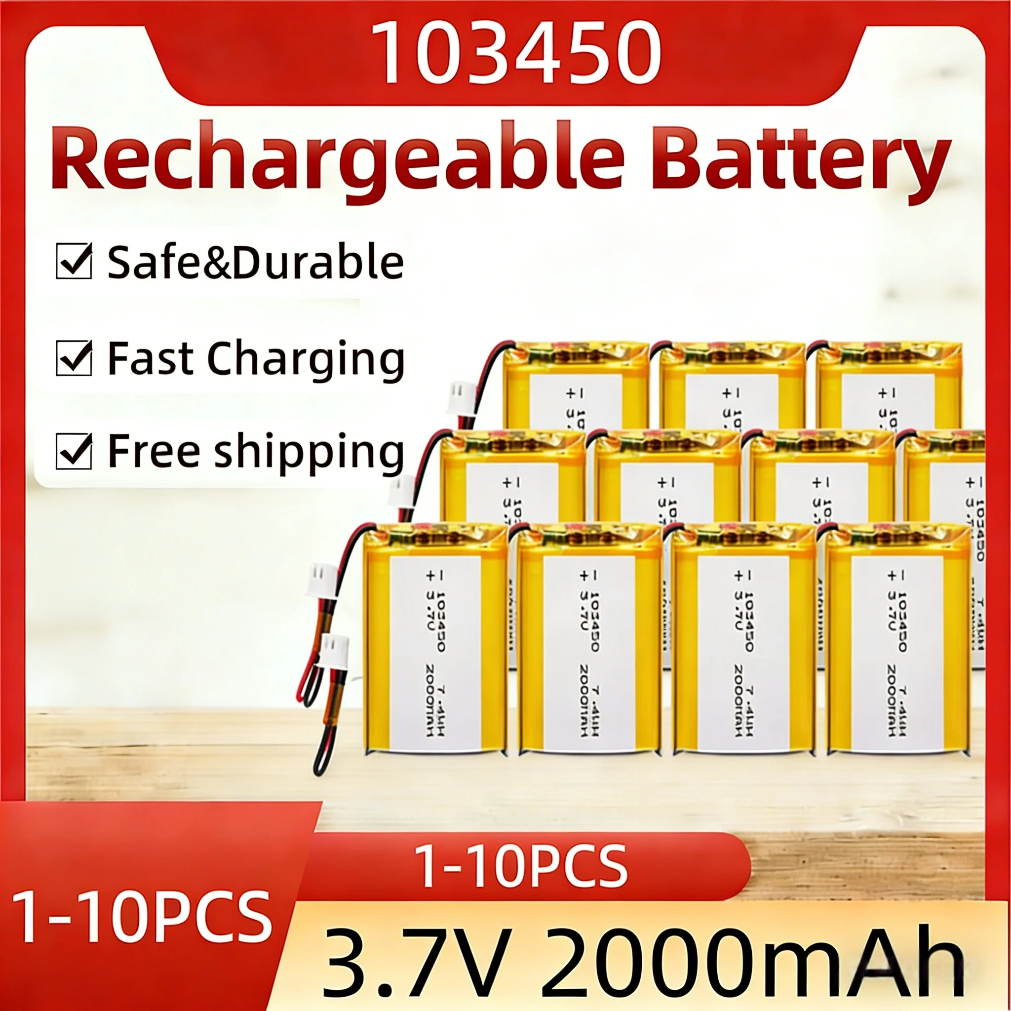 

3.7V 103450 2000mAh Polymer Lithium Rechargeable Battery jst PH 2.0mm 2pin plug for Camera GPS navigator MP5 Bluetooth Headset
