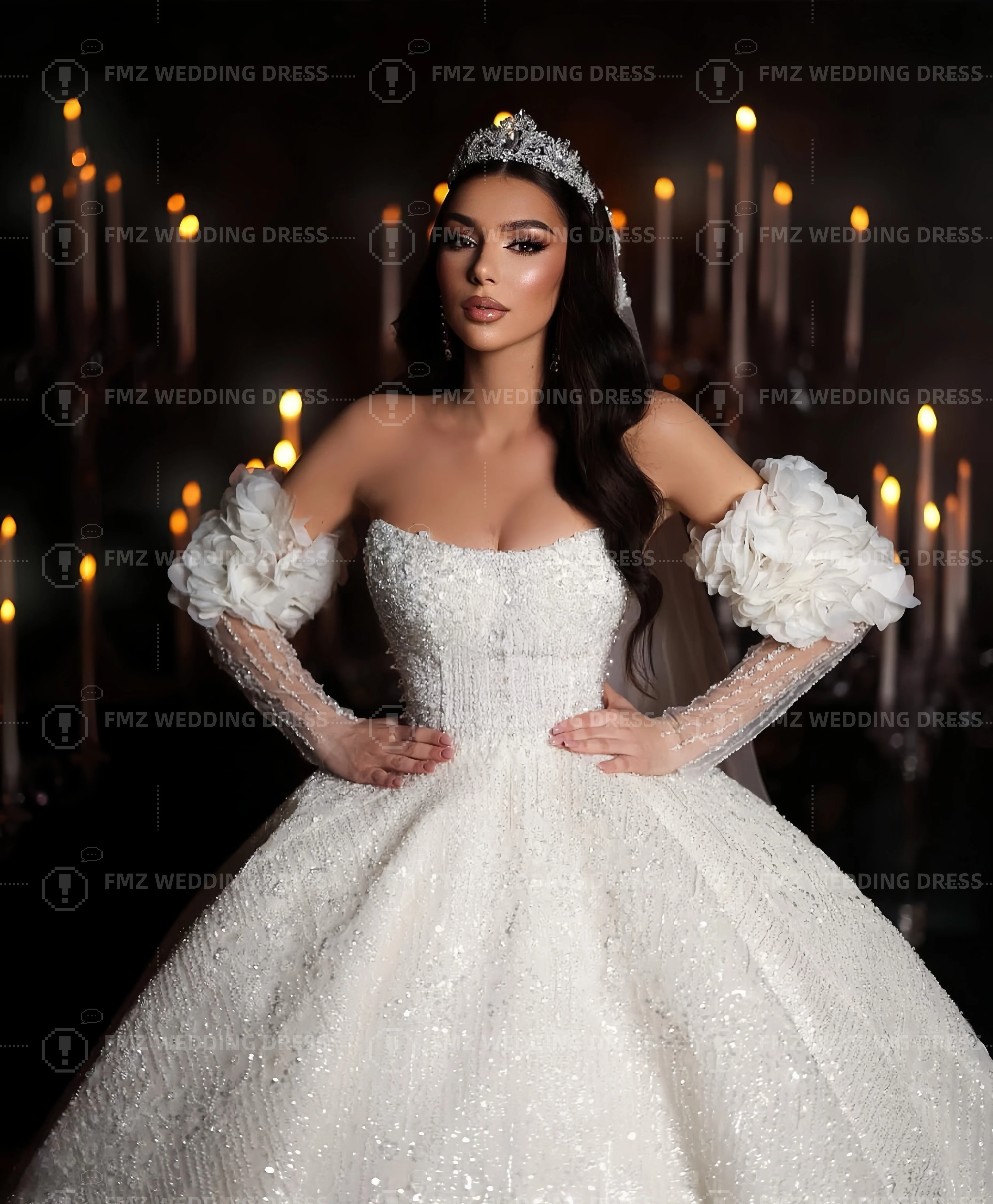 Maßgeschneidertes trägerloses, langärmliges, perlenbesetztes, prächtiges Hochzeitskleid, Vestidos de Novia, Amanda Novias, Amanda Novias, offiziell