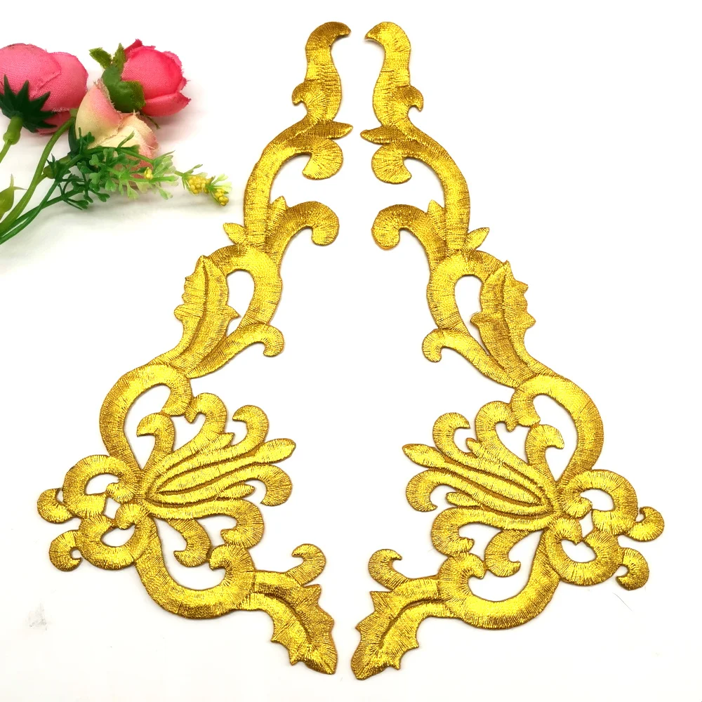 1 Pair Gold Embroidered Patches Iron On Flower Appliques For Garment Diy Trims Shiny Metallic Golden Accessories 19.5cm*10cm