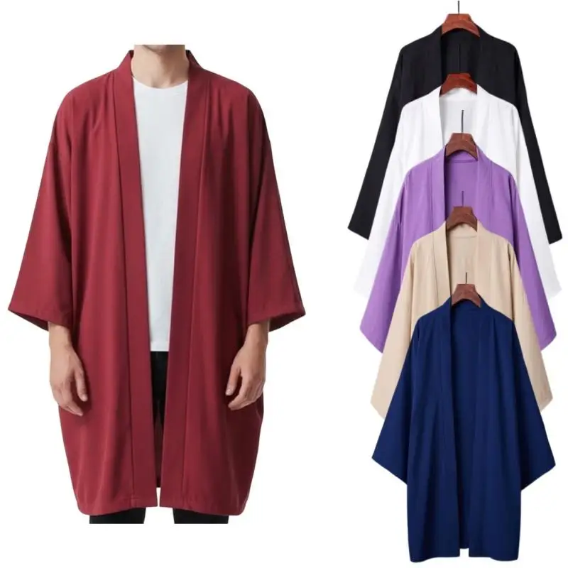 Men's Casual Solid Color Open Front Kimono Shirt Japanese Style Loose Long Black Haori Cardigan Yukata Blouse Sunscreen Coat