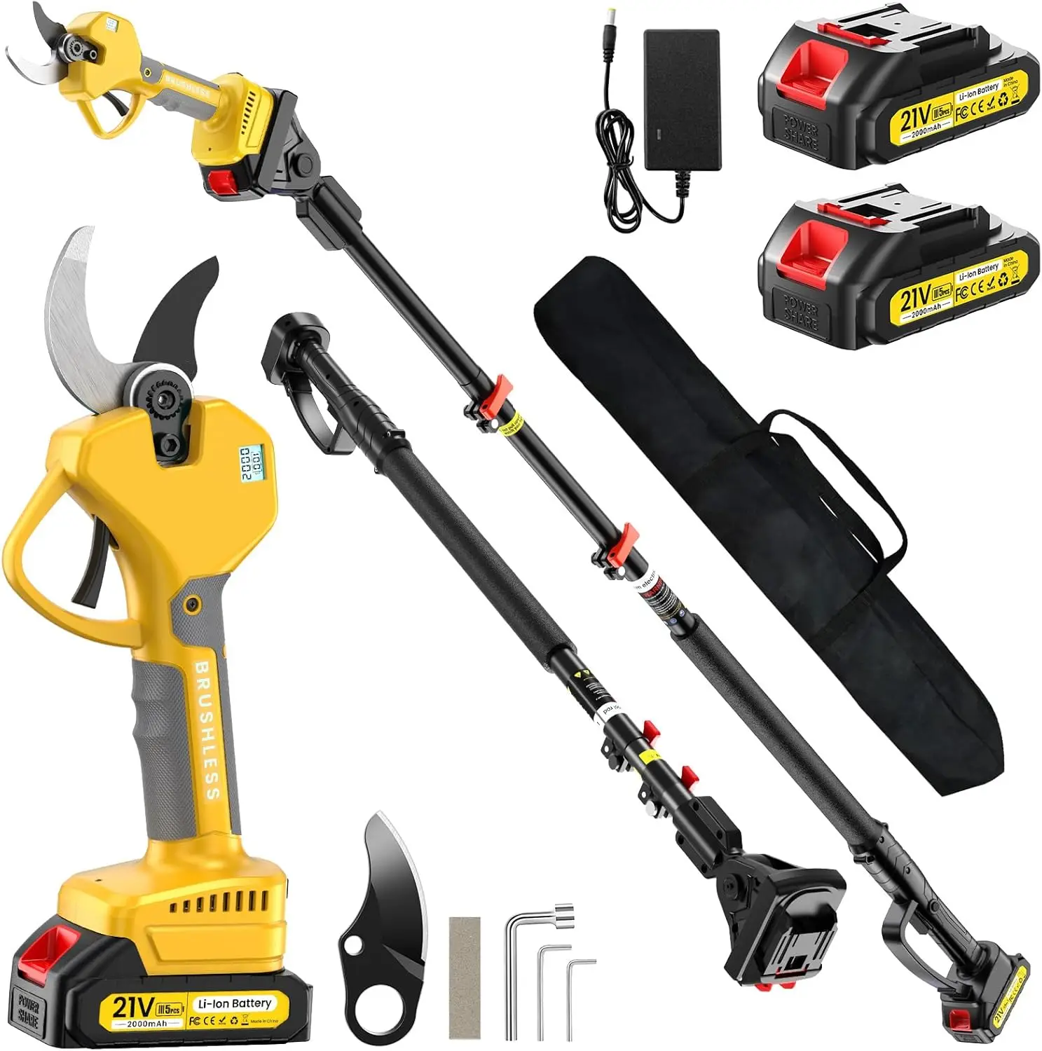 

2-in-1 Pole Pruning Shears, 2.6 Inches Opening size Cordless Electric Pole Pruners - Brushless Motor, 2.0Ah*2 Batteries, SK7 Bla