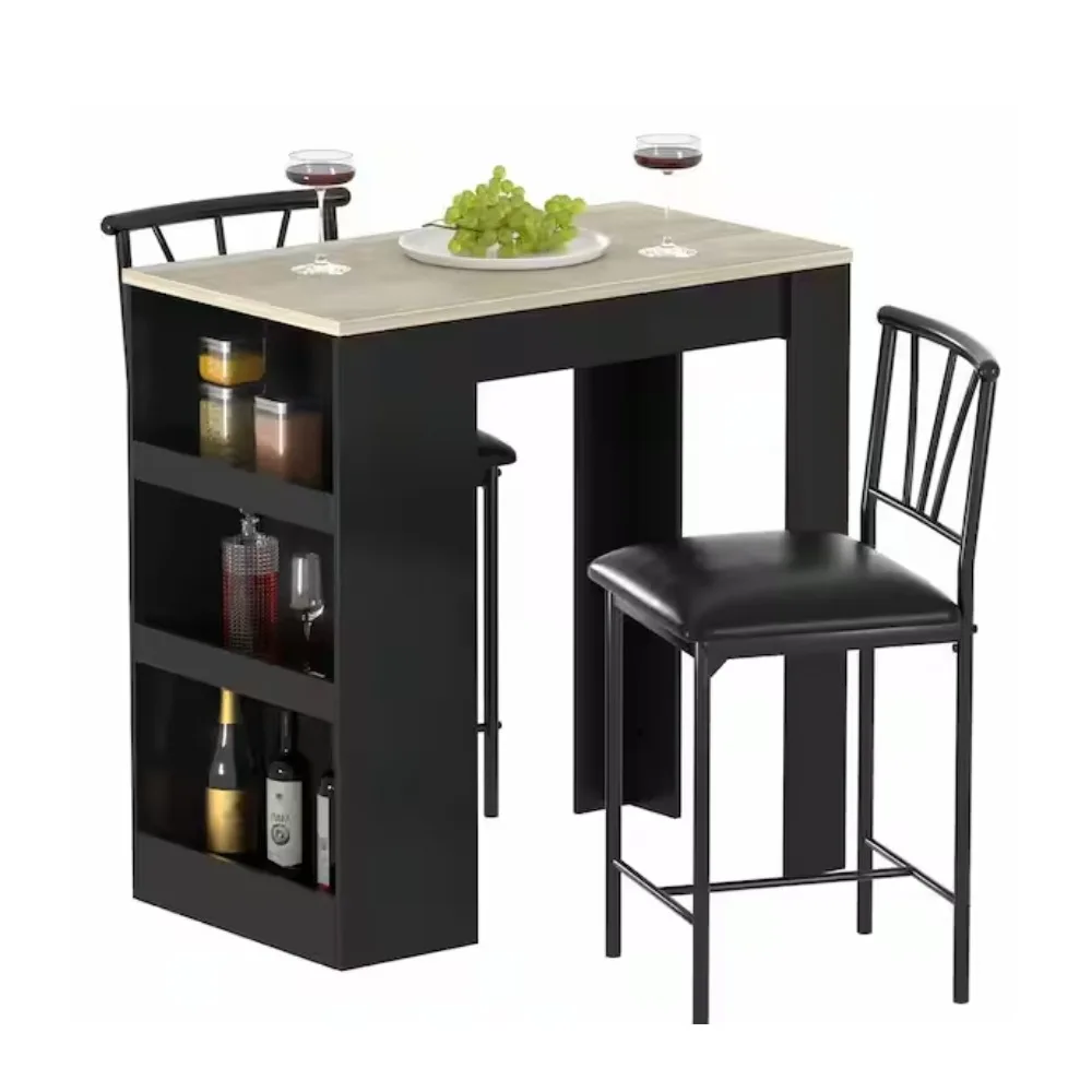 Meja dan Kursi Bar Kecil, Set Makan untuk 2, Rak Penyimpanan, Hemat Ruang, Set Makan Retro, Abu-abu