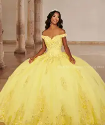 Bright Yellow Princess Quinceanera Dresses 2024 Gorgeous One Shoulder 3D Applique Corset 15 Years Mexico Ball Gowns vestidos