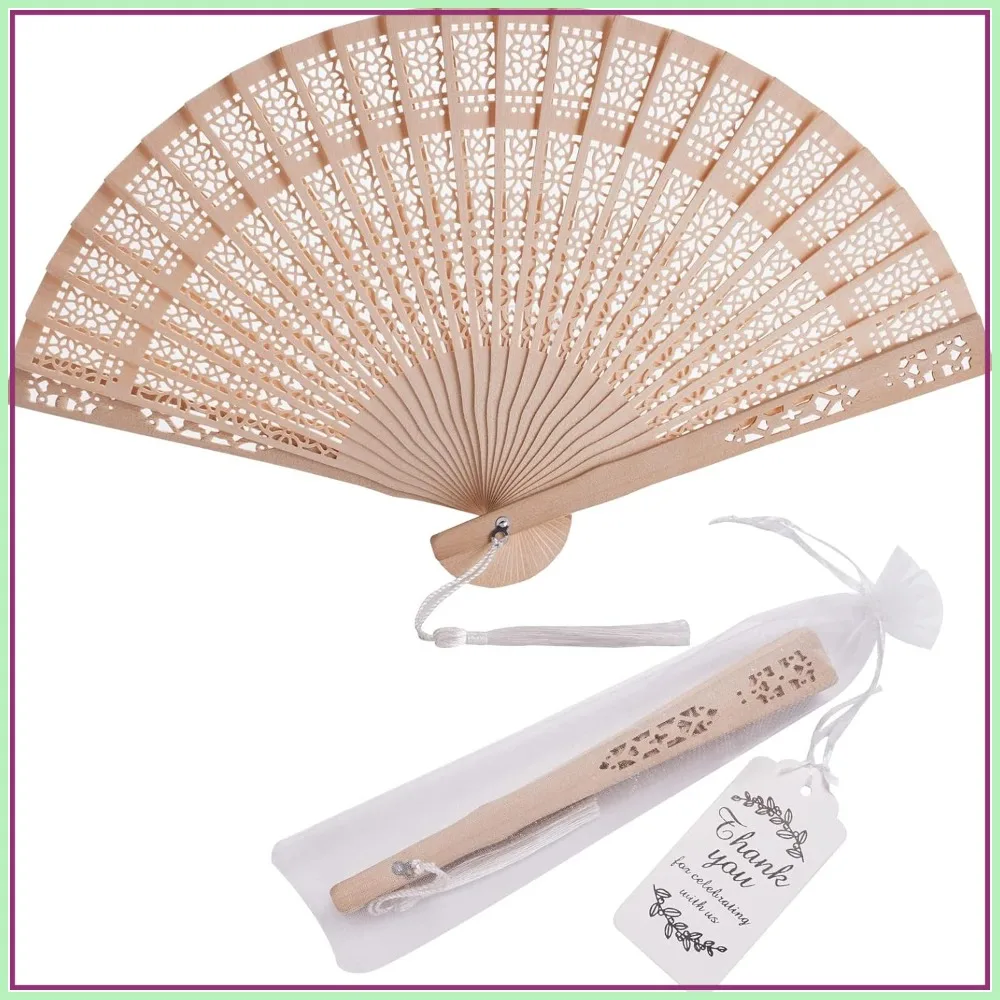 

50 Pcs Wooden Hand Fans with Organza Bags, Tassels & Thank You Tags for Wedding Party Favors
