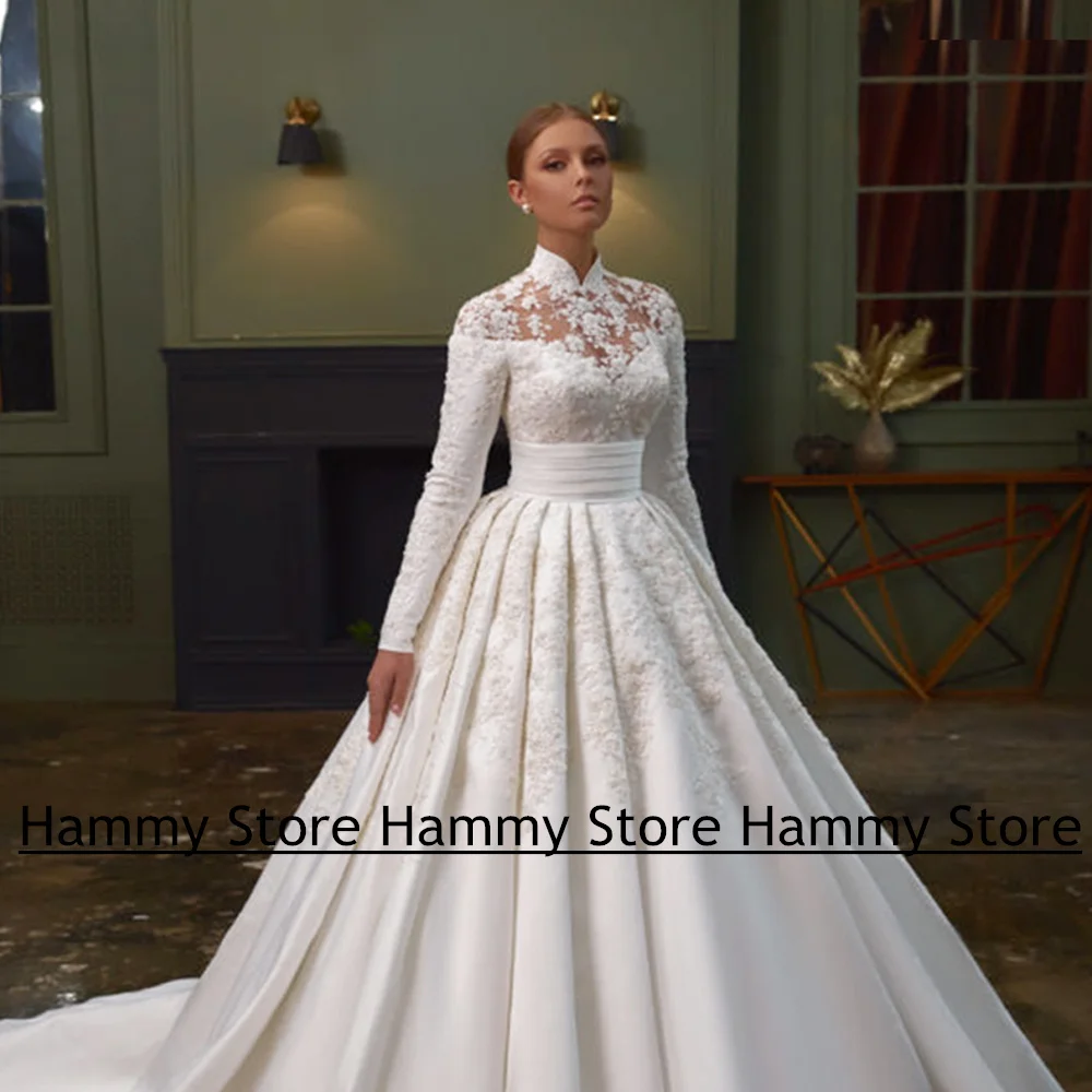 Vestidos De novia musulmanes De cuello alto, apliques De cuentas personalizados, ilusión, botón trasero, cola De corte, vestido De novia De satén, bata De novia